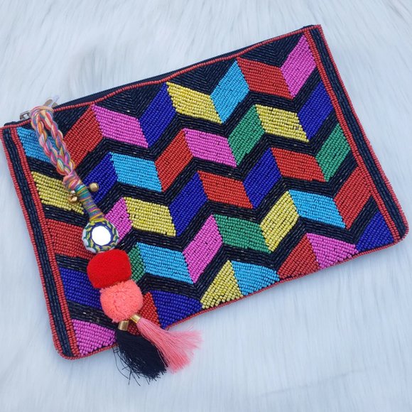 BOGO NWT Bright Beaded Chevron Tasseled Alameda Clutch - Picture 2 of 10